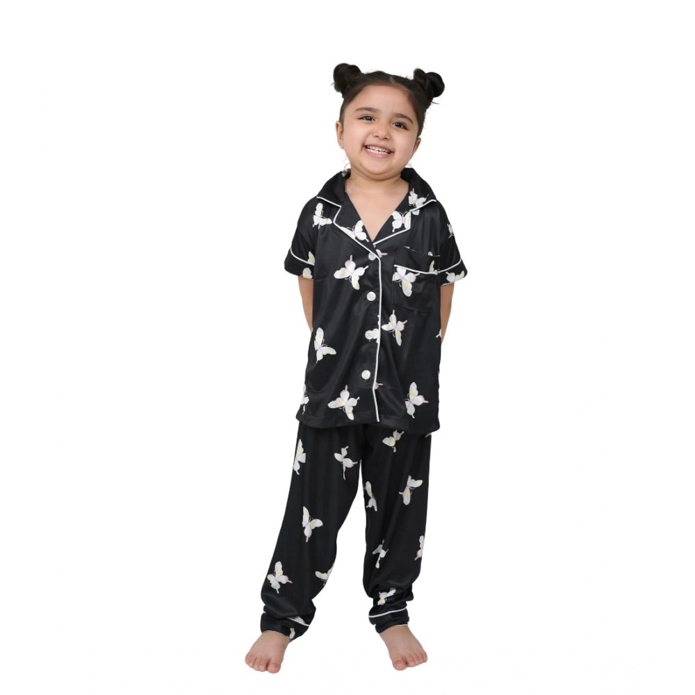 Generic Girl's Silk Bleand Printed Short Sleeve Night Suit Set (Black) kids Wear