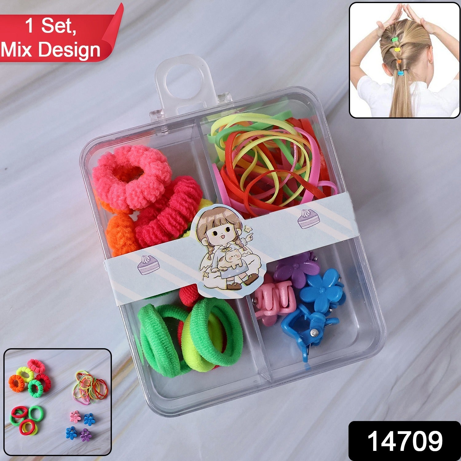 Kids Hair Bands Rubber Bands  Cute Hair Clips In Storage Box (Mix Design  1 Set) - Baby Care