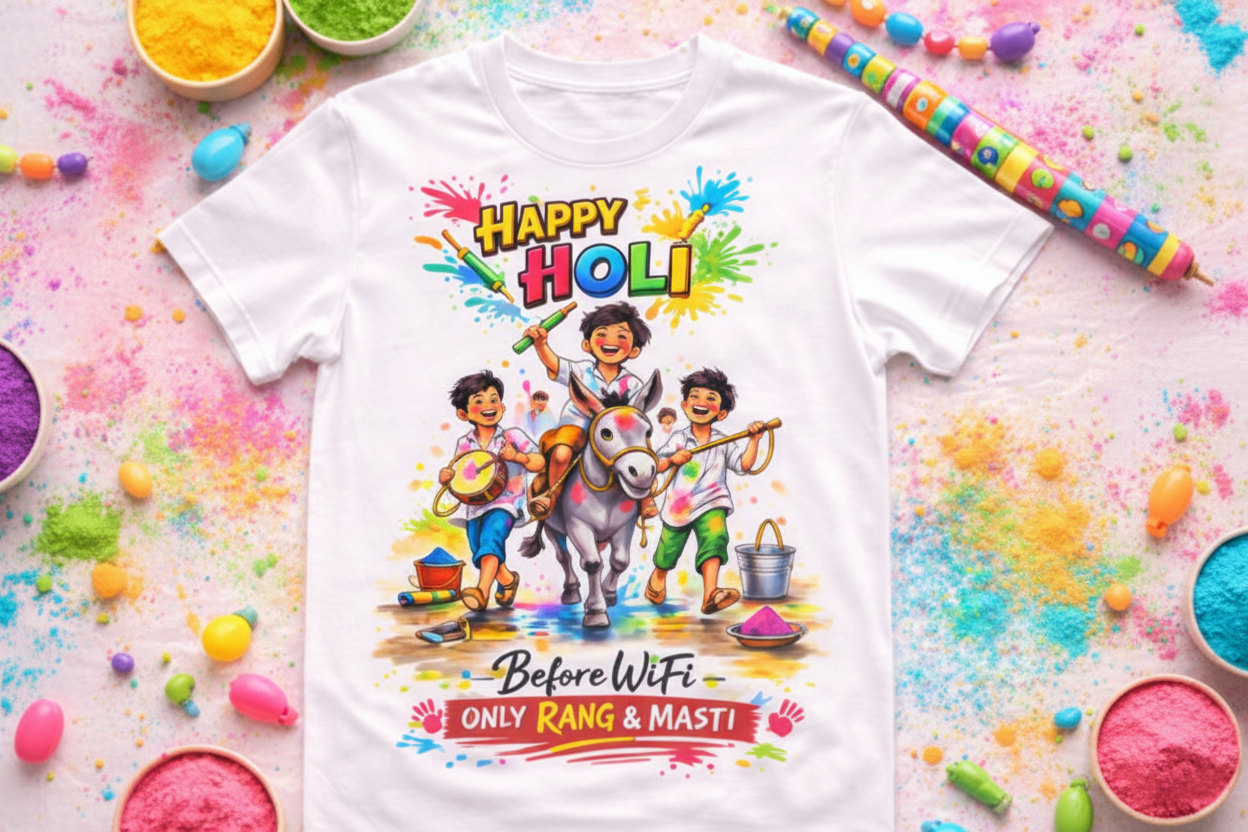 Before WiFi Happy Holi Kids T-Shirt | All Over Print | 170 GSM Dri-FIT | 5-13 Years | Holi Special Edition