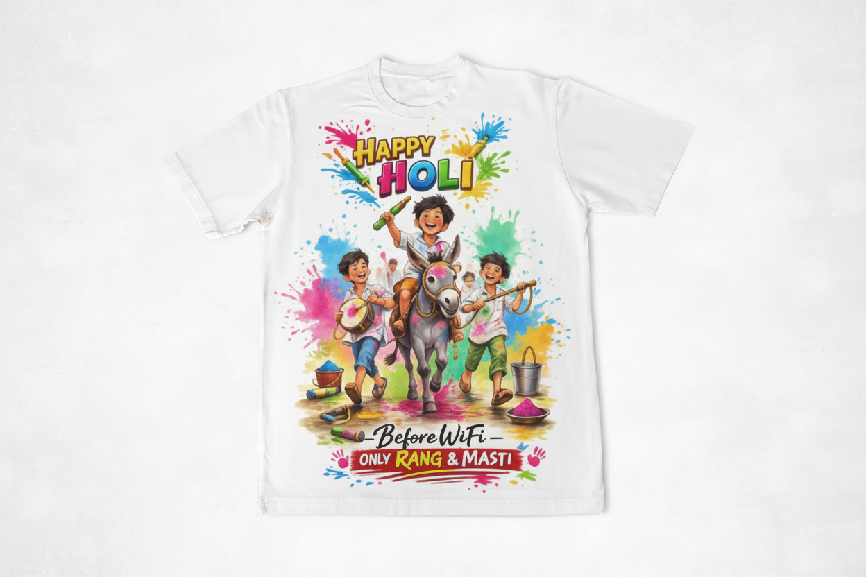 Before WiFi Happy Holi Kids T-Shirt | All Over Print | 170 GSM Dri-FIT | 5-13 Years | Holi Special Edition