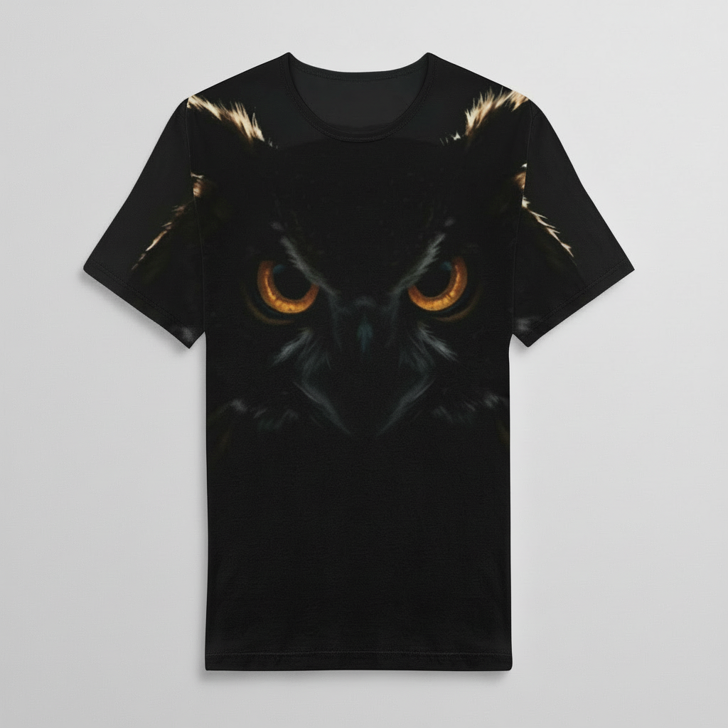 Black t-shirt with an owl design on a white background